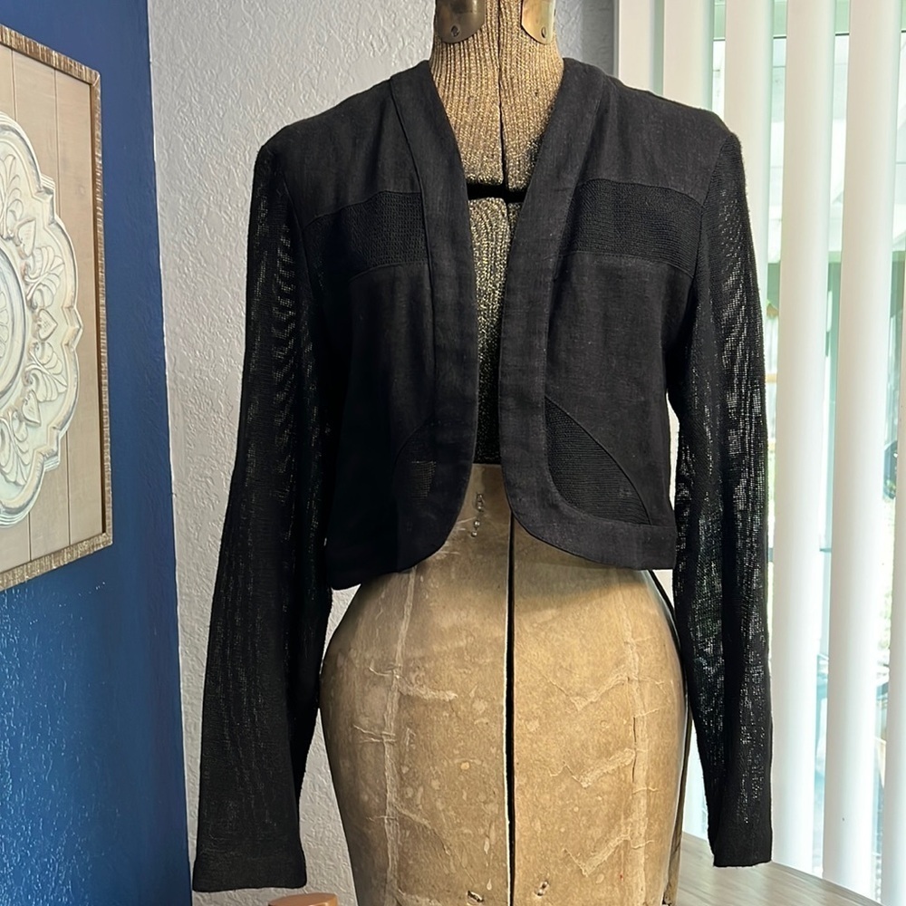VINTAGE MZM SPORT CROPPED LINEN & KNIT JACKET TOP SIZ MEDIUM